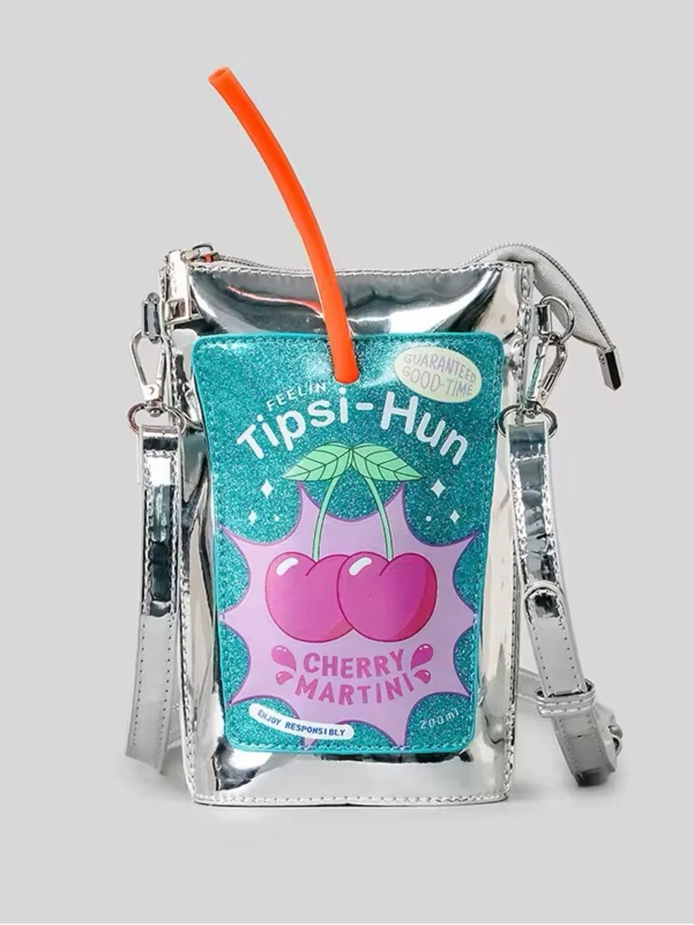 Glitter Cherry Martini Novelty Crossbody Bag - Silver & Teal